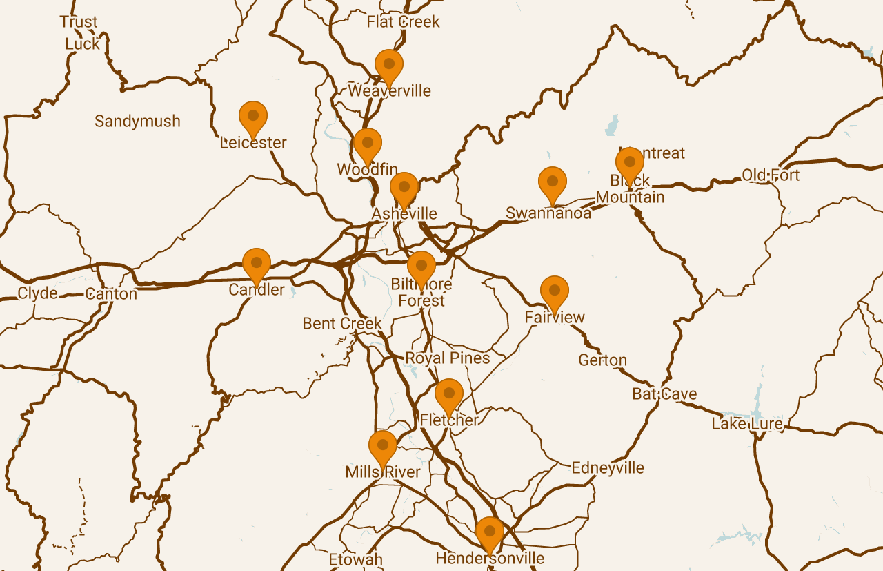 Map of AVL Pumpkins' pumpkin delivery area across Asheville and Western North Carolina